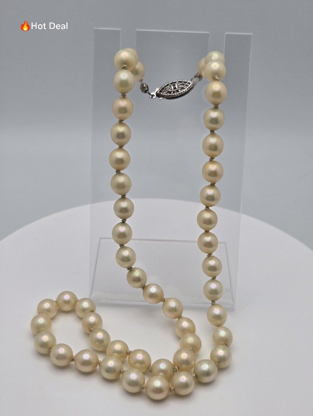 Vintage Hand Knotted Faux Pearl Necklace Filigree Fishhook Clasp 15"